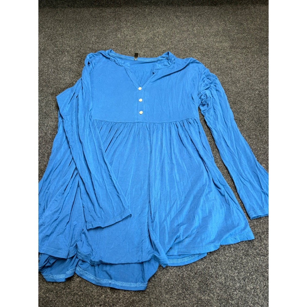 Allegrace Blue Long Sleeve Babydoll Tunic Top Womens 2X Button V-Neck Blouse